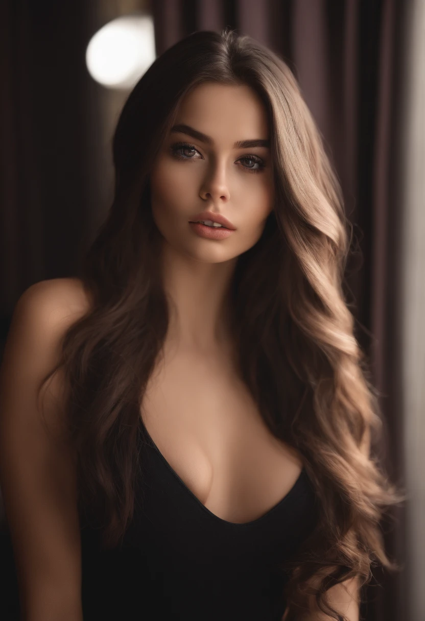 arafed woman fully , sexy girl with brown eyes, ultra realistic, meticulously detailed, portrait sophie mudd, black long hair and large eyes, selfie of a young woman, bedroom eyes, violet myers, without makeup, natural makeup, looking directly at the camer...