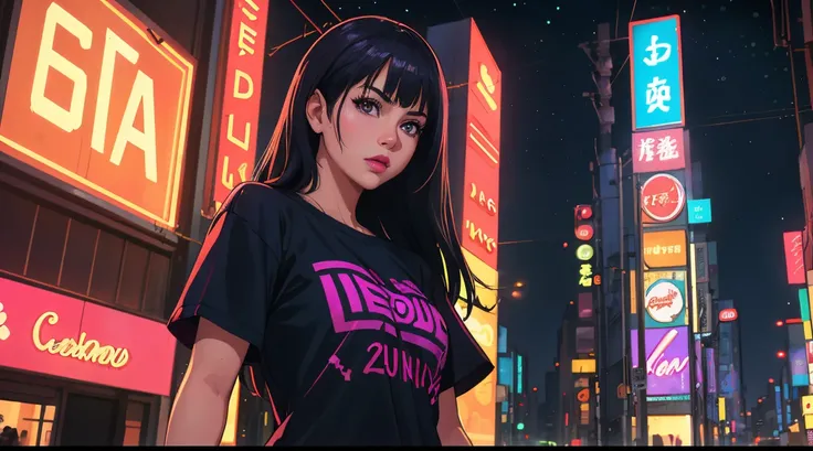 1girl, ((Lovely, Beautiful)), Corpo Perfeito, bochechas rosadas, cabelos longos e grossos, cabelobranco, olhos brancos e azuis, camiseta,Peito Inferior,clivagem, bright lips,((Olhos detalhados)), posing in front of neon buildings, ((purple neon sign, neon ...