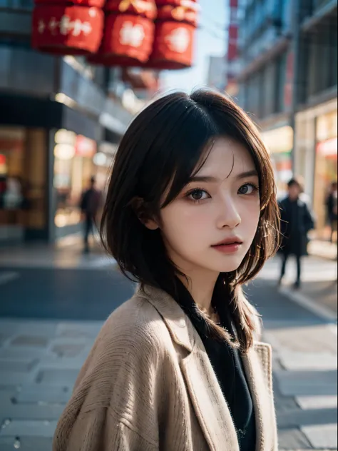 Stroll through the shopping street、Portrait of a woman in a coat, top-quality、hyper HD、奈良美智, Japanese Models, Beautiful Japan Girl, With short hair, 27-year-old female model, 4 k ], 4K], 27yo, sakimichan, sakimichan