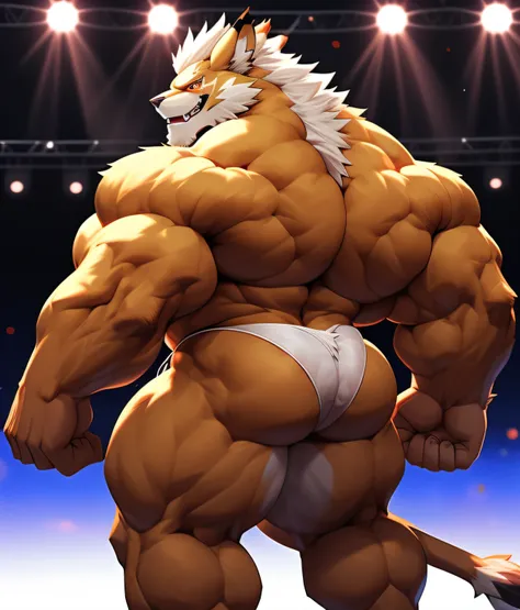 Leomon at the bodybuilding competition, on stage with other bodybuilders at his side. PRO competitive bodybuilder, nj5furry, (Leomon,16 years old, massive, huge, muscular, Gigachad), (((((WHITE THONG))))) Leomon, YOUNG FACE, TEEN, ((extremely realistic sha...