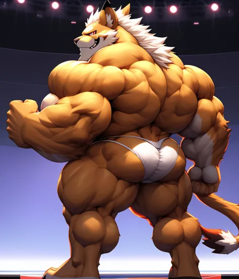 Leomon at the bodybuilding competition, on stage with other bodybuilders at his side. PRO competitive bodybuilder, nj5furry, (Leomon,16 years old, massive, huge, muscular, Gigachad), (((((WHITE THONG))))) Leomon, YOUNG FACE, TEEN, ((extremely realistic sha...