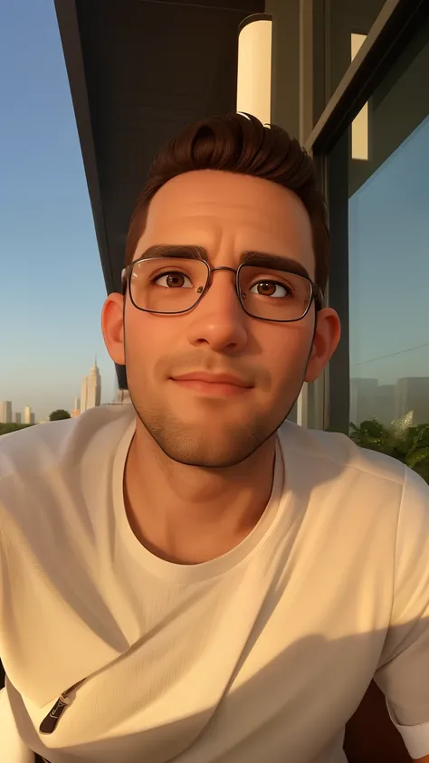 A man of 30 years old, with short brown hair,diamond face, strict look, and brown eyes, wearing white white shirt with necktie and glasses.