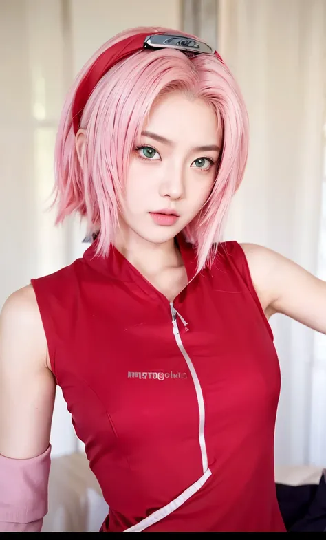 real life adaption of this character, asian teen beauty face, shining green eyes,realistic long straight pink hair , realistic o...