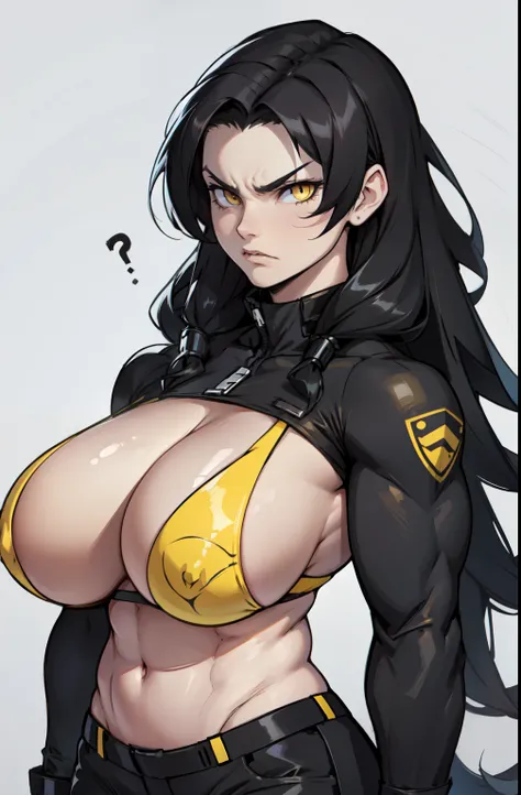 ((1 girl)) angry very long hair pale skin black hair yellow eyes ((muscular)) huge breasts blind box toy style