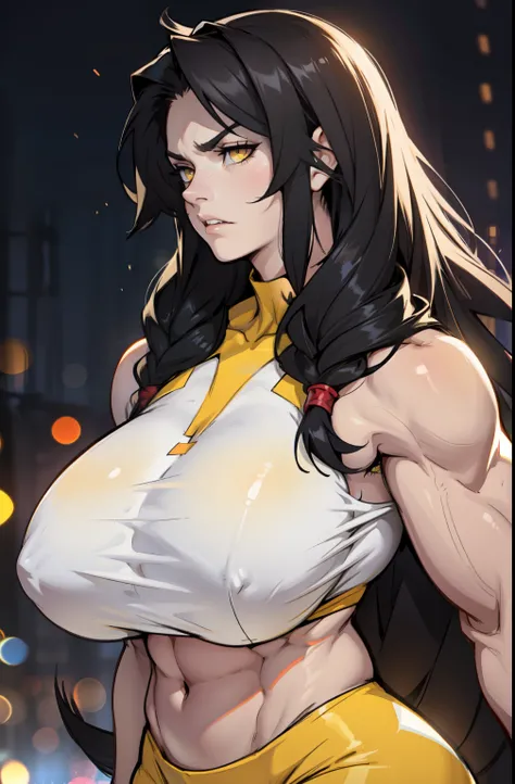 (((1 girl))) angry very long hair pale skin black hair yellow eyes (((muscular))) huge breasts (bokeh)