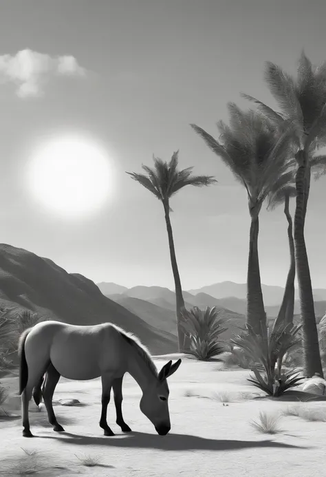 black and white animation background of the Brazilian northeastern hinterland with typical semi-arid vegetation with cacti, sun, heat, with a cartoon animal like a donkey, donkey, donkey, donkey in the dreamworks style, the sherek drawing donkey., small, C...