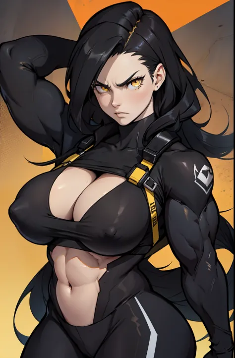 ((1 girl)) angry very long hair pale skin black hair yellow eyes ((muscular)) huge breasts dadaism