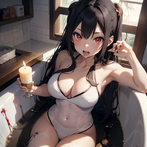 anime style, random ethnicity adult vampire woman with sculptural body, very long, straight hair, random color, bathing in a bathtub full of blood, She has her mouth open showing canine teeth that are larger than the other sharp vampire teeth, she has a cu...