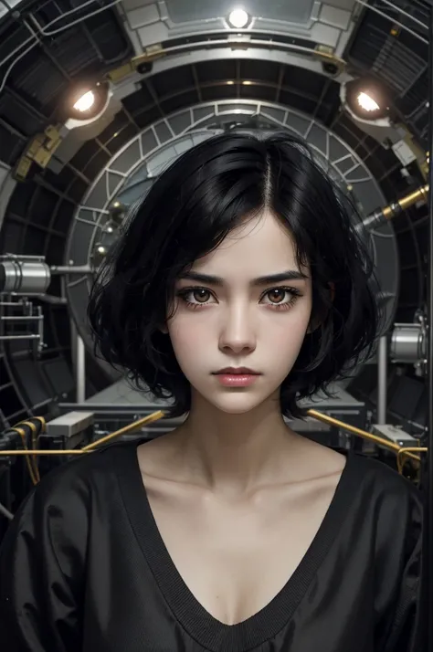 Technician dressed as a black-haired young woman with a serious expression, The background is a large scientific observatory with lots of large screens and staff