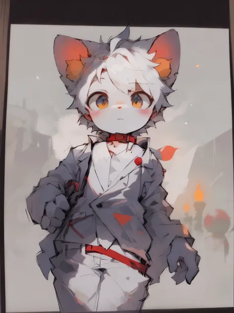 shota，white color hair, 16k,（16 year old boy），（（White lab coat）），（White lab coat，White shirt with red tie）（With a red collar around the neck，Yellow bells）experimenter，Tall stature，16 yaers old，looking at viewert，angle of view，seen from the front，