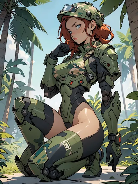 1woman 20 years old, max resolution, sculpted, military, wearing a soldier helmet, beautiful, perfect body, red hair, blue eyes, perfect body, thin waist, wide hips, large breasts, slim thighs, jungle background, armored vehicle, military robot dog, camouf...