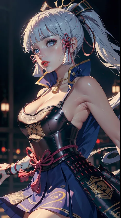 ((4k)),((masterpiece)),(best quality),((ultra detailed)), ((beautiful blurry night background)), ((cinematic lighting)), depth of field, (dynamic angle),((beautiful detailed eyes), ((dynamic pose)), pretty face, red lip, large boobs, ((cleavage)), ((kamisa...