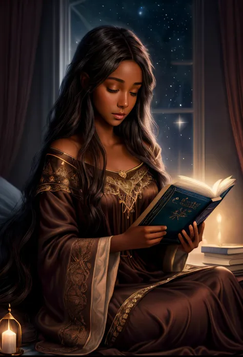 A realistic cartoon illustration image of a bare faced young black fairytale princess with long brown hair light eyes and dark skin.  she reads under the covers wearing  in a full length detailed embroidered night gown, she is looking at a large magical gl...