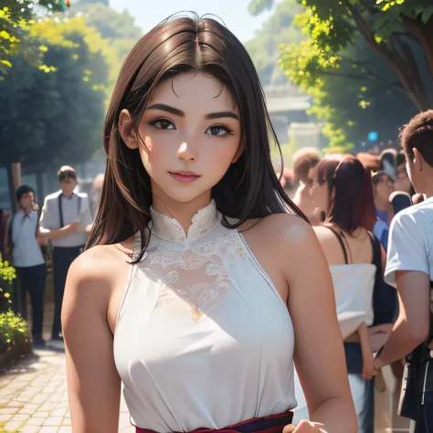 (Extremely detailed 8k wallpaper:2), (photo:2), (18 years old soigne Beautiful girl:2), (gives a lecture to friends:2), detailed (Face and eyes), (hyper realistic:1), (highly detailed:1), (epic realistic:1), rim light, (maximum details:1), cozy, (fullbody:...