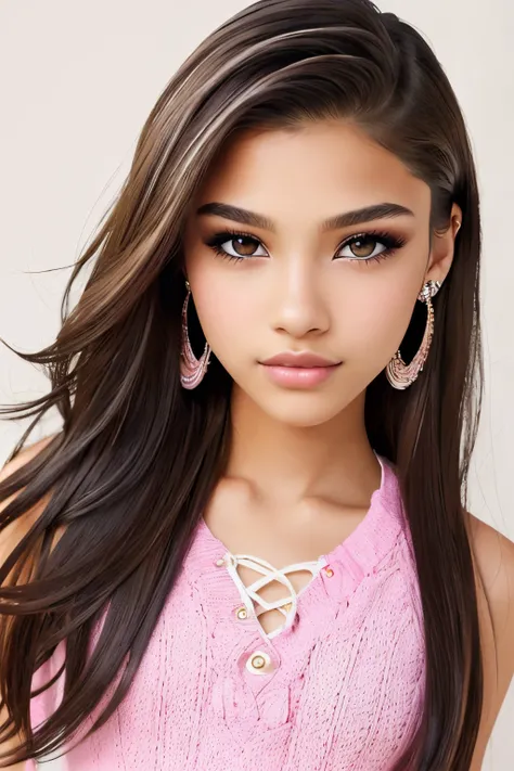 beautiful girl, brown_eyes, ((beautiful slim teenage girl 18 year old, hair color [Brown highlights hair], [undercut pixie] hair)), earrings, lips, realistic, narrow waist, charming, pink lipstick, colorful makeup, long eyelashes, earrings, wearing eyeline...