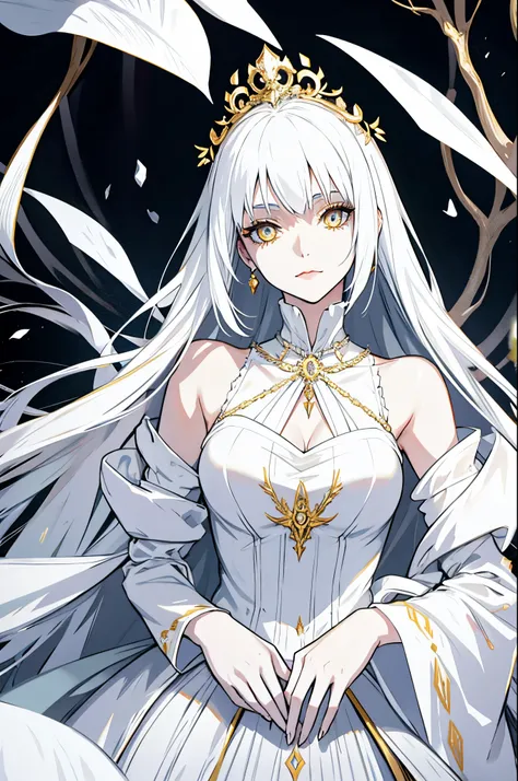 White haired woman, golden eyes, white victorian dress, white skin, elegant, royalty, young woman, alone, mature, beautiful