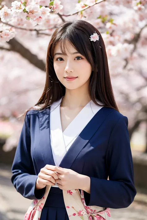 A beautiful, 25 years old Japanese woman, dressed traditionally, standing near a blossoming Sakura tree