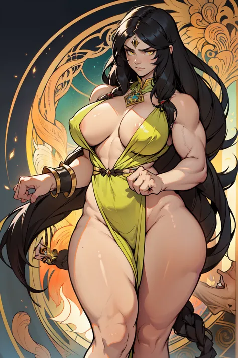 ((1 girl)) angry very long hair pale skin black hair yellow eyes ((muscular)) huge breasts by alfons mucha