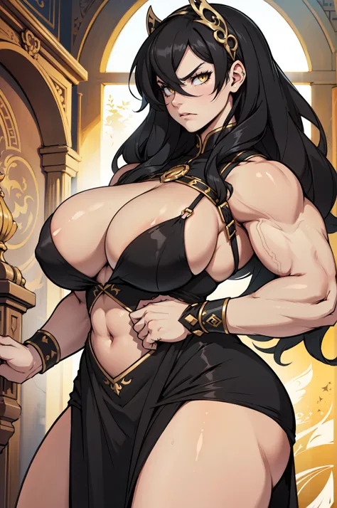 ((1 girl)) angry very long hair pale skin black hair yellow eyes ((muscular)) huge breasts rococo style