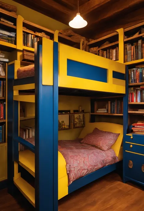 A photo of a beautifully handcrafted wooden bunk bed with a built-in desk and bookshelves.,original,Blue and yellow Swedish warehouse.