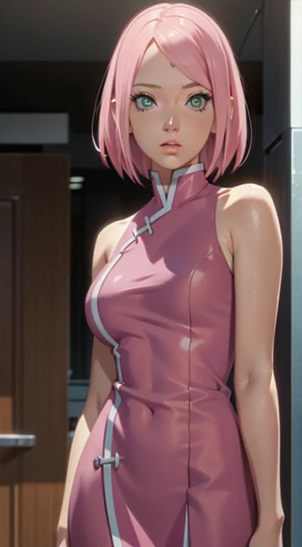 young woman, porcelain skin, short bubblegum pink hair, large forehead, jade green eyes, buttoned nose, pink lips, low-cut dress, Sakura Haruno, realism, 3d