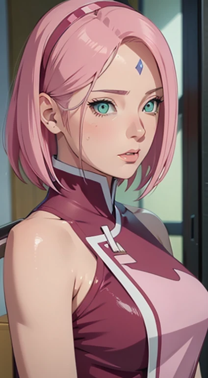 young woman, porcelain skin, short bubblegum pink hair, large forehead, jade green eyes, buttoned nose, pink lips, low-cut dress, Sakura Haruno, realism, 3d