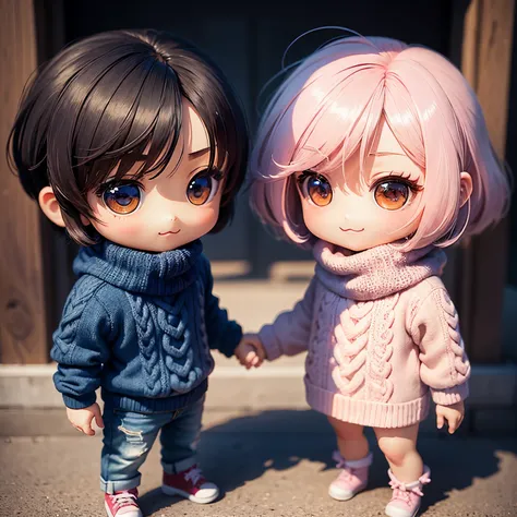 ​masterpiece、top-quality、ultra-detailliert、(chibi character couple:1.27)、a man and a girl、Matching knitwear and matching jeans、stare at each other、Smiling and looking at each other、Full-body standing figure、The background is a scrambled intersection