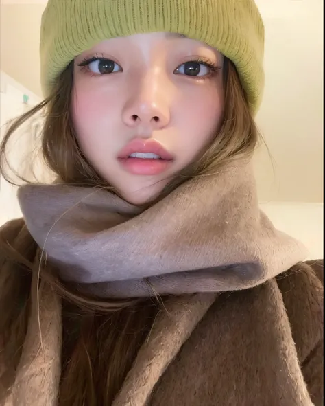 a close-up of a young woman wearing a green hat and scarf, Bae Suzy, jennie blackpink, Heonhwa Choe, Parque Roseanne do Blackpink, jossi do blackpink, echarpe, Parque Ji-min, Her skin is light brown, vestindo um pescador 🧥, Lalisa Manobal, Lulu Chen, Jaeye...