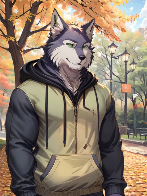 Masterpiece, Solo, Furry Wolf, Dark Fur, Green Eyes, Medium Muscular Body, Charming, Smiling, Handsome, Good Looking, Hoodie, Head Shot, Park Background.