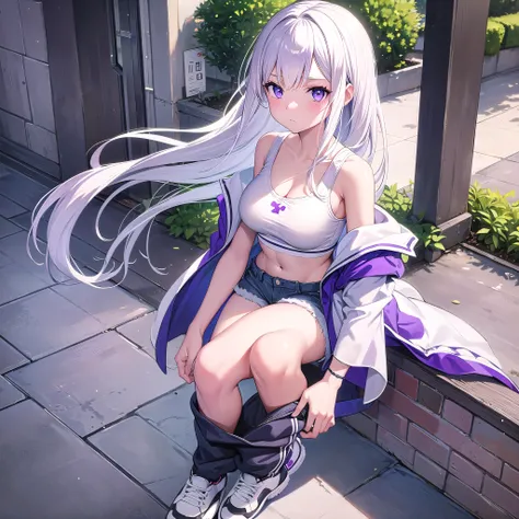 Emilia re:zero, white hair, purple eyes, long hair, sexy, medium breasts, jean shorts, white sports bra, in street