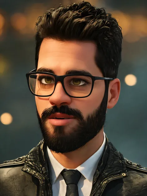 A male with black hair and a beard is wearing glasses. The scene is inspired by the Pixar style, aiming to create a masterpiece with a high level of detail. The image is of the best quality and in 8k resolution. The character is wearing a leather jacket wi...