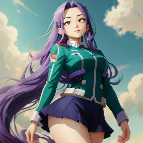 anime girl with long purple hair and cyan eyes with My Hero Academia uniform