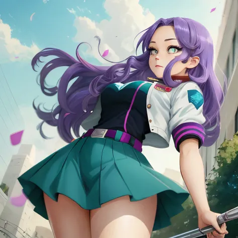 anime girl with long purple hair and cyan eyes with My Hero Academia uniform