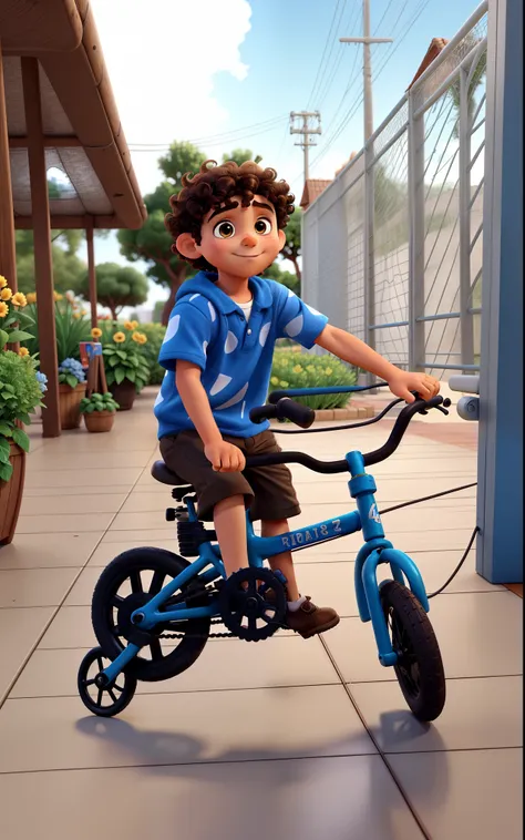 small boy, child, brown eyes, curly hair, short hair, riding a bicycle, disney pixar style, high quality, best quality