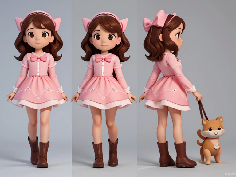 Imagem de perfil de uma menina andando, character animation frames, identical character design in each frame, The girl is alone, Feliz, brown hair, olhos castanhos, bochechas rosadas, Traje de cowboy cor-de-rosa, pink bow, Botas Rosa, imagem vertical, fund...