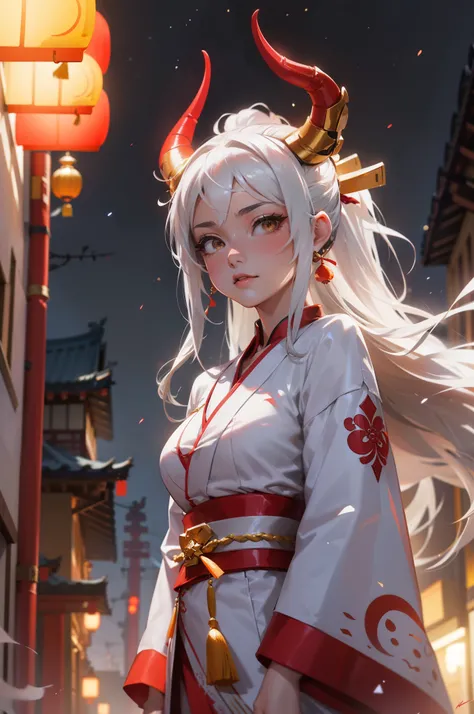 yamato,white hairs,in street,in Chinese dress,horns on head,mature women,night,glowing lights in background.