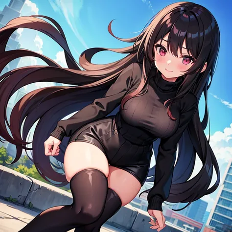 Anime, female anime character, seductive smile, long black wavy hair, slight blush, black sweater with turtleneck, black thigh high socks, big thighs, black shorts, maroon eyes, light skin