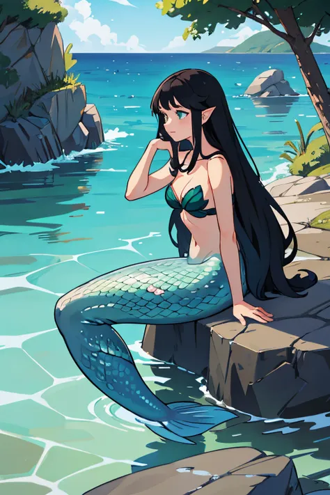 mermaid, long hair, siren, merfolk, black hair, sitting on a rock