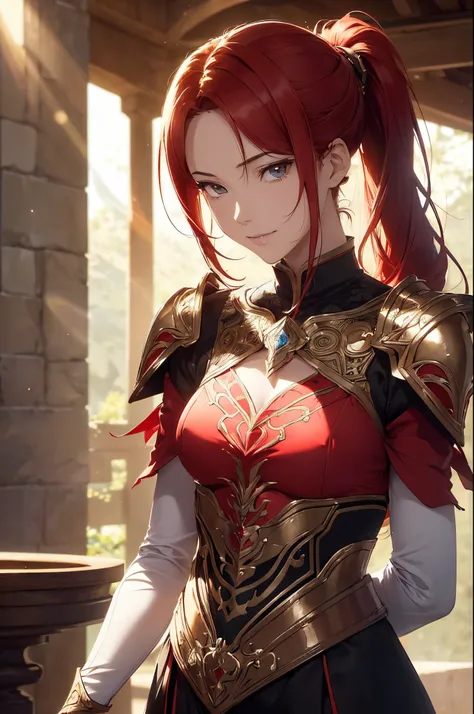 A beautiful woman, ((( red knight, weapon))), ((perfect body figure, beautiful face, beautiful face, milf, age 46, royal, red color hair, ponytail hair style, beautiful skin, Extremely details hair, fine details)), (((cinematic lighting, beautiful lighting...