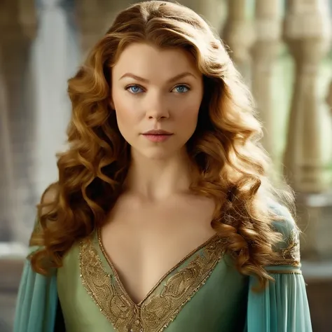 Margaery is pretty with curly auburn hair, a heart shaped face, green eyes, wears sky blue dresses with gold jewelry, famously portrayed by Natalie Dormer,HBOs Game of Thrones,Margaery is pretty with curly auburn hair, a heart shaped face, green eyes, wear...