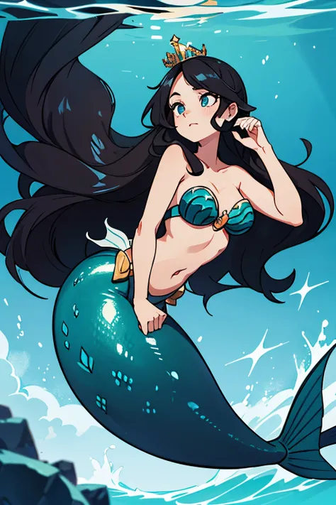 queen mermaid, long hair, siren, merfolk, black hair