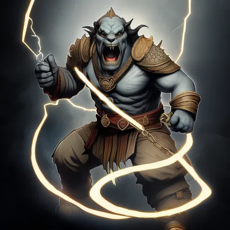 a half orc monk with glowing tattoos of two dragons in the front and on of a lion in the back resistance being chained down