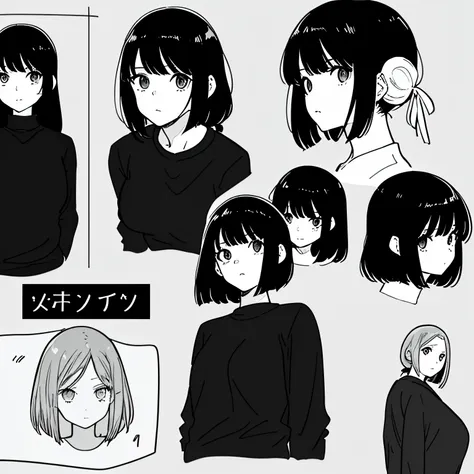 arte conceptual de un personaje.. 1girl, con largo, cabello negro rizado. multiple expressions. panel manga. estilo manga. blanc...