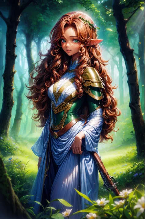 Dark skin, Detail of beautiful young woman, reddish blonde brown hair, long, Curly and messy hair, Delicate and perfect green eyes, Delicate symmetry, Real and beautiful face shape, (Enchanted forest background),  Ranger costume leather armor, faeries, Wil...