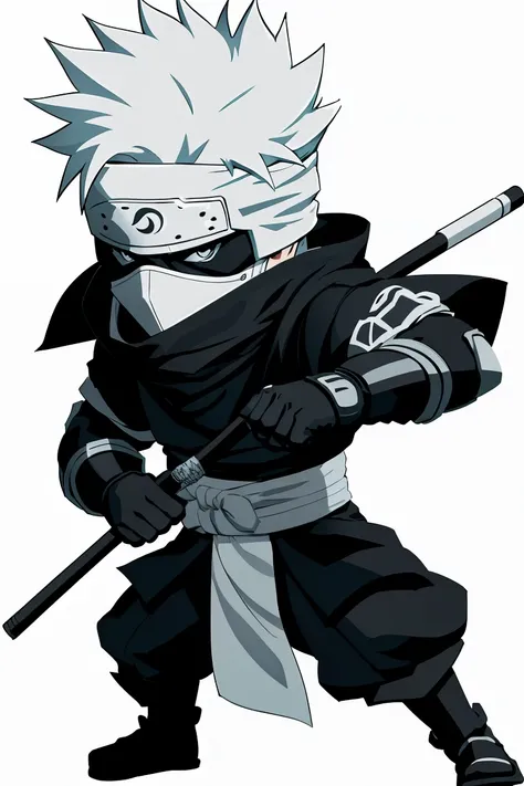 Line art, thick line drawing, stick figure, figure stick figure, chibi, 1man cosplay (Kakashi Hachiki), black and white line drawing, no shadows, best quality, masterpiece