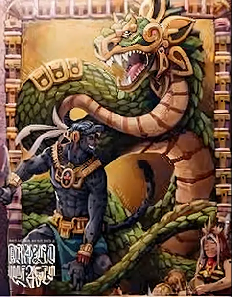 an image of a painting of a dragon and a man, quetzalcoatl, portrait of quetzalcoatl, Aztec mythology, digital painting of quetzalcoatl, classic mayan mythology, Dios azteca, in the art style of quetzecoatl, serpiente. Tezcatlipoca, retrato digital de Tezc...