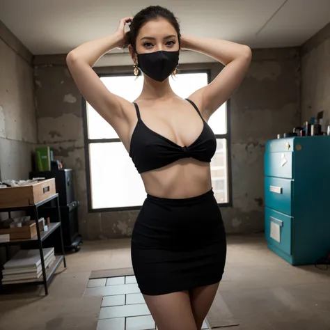 (masterpiece:1.1, Best Quality:1.1, 16 K, High resolution), (Super realistic portrait of Nanao:1.3, Japanese Models, black hair, earrings, tube top dress:1.15, black dress), Ultra-detailed, Illustration, (Standing:1.1, Hands up:1.35, sexy pose:1.1, Exposed...