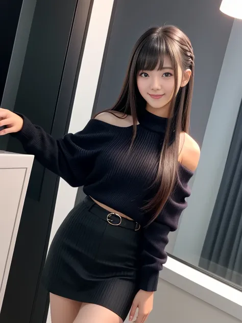 Product quality, 1 girl, Shot from the knee up, Front view, 15 year old cute girl in Japan, shiny smooth long hair, Glamorous figure, Wearing knit off-shoulder, Standing indoors with a big smile, hyper cute face, Glossy lips, double eyelids for both eyes, ...