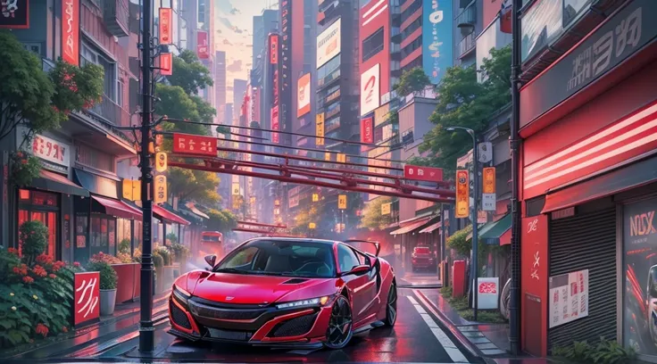 HONDA、((NSX))、Red body color、Shibuya cityscape、neons、((Best Quality、8K、masutepiece :1.3))、erfect artwork、