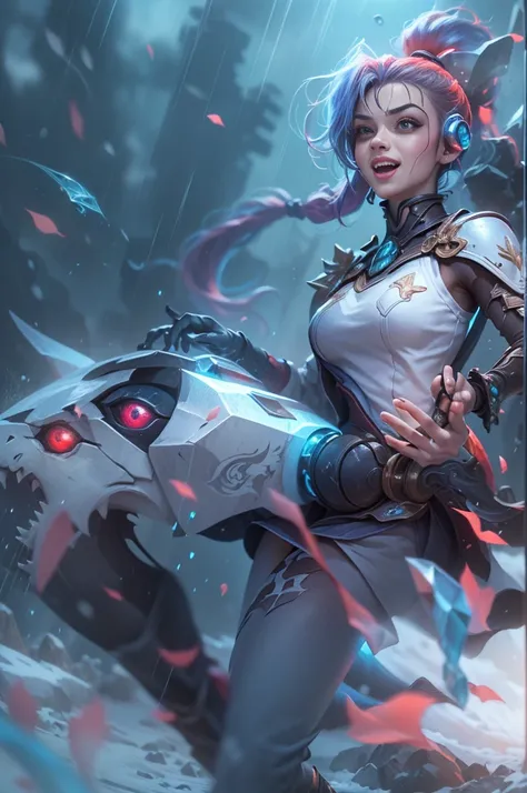 (Long-range shooting: 1.5), jinx (league of legends), (1girl，League of Legends Jinx)，(Scarlet eyes, crazy laughter, Blue double ponytail hair: 1.5)，Kungfu，((Wearing a white futuristic sci-fi plastic mecha: 1.5，head to toe，Crystal heels，standing on your fee...